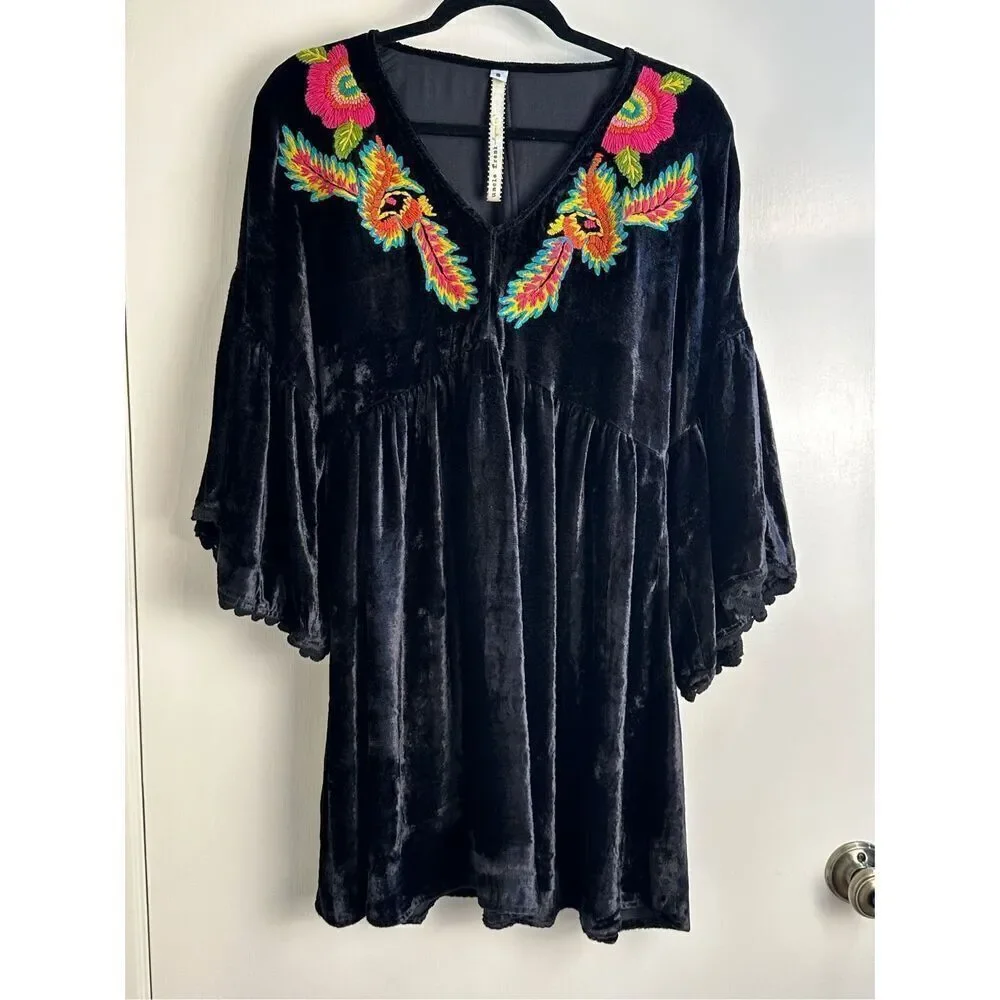 Uncle Frank Anthropologie sz S dress black velvet embroidered